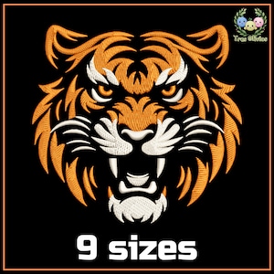 May include: A close-up of an orange and white tiger head with a fierce expression. The tiger's mouth is open, showing sharp teeth. The image is on a black background and includes the text "9 sizes".