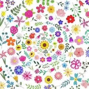 May include: A colorful embroidery design featuring a variety of flowers, including sunflowers, roses, and daisies, arranged in a spiral pattern on a white background.