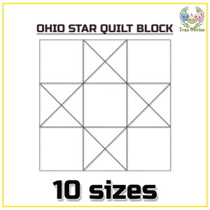 May include: Black and white line drawing of an Ohio Star quilt block pattern. The image includes the text "OHIO STAR QUILT BLOCK" and "10 sizes".