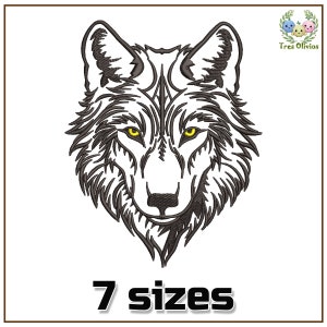 May include: Black and white line art embroidery design of a wolf's head with yellow eyes. The design is available in 7 sizes.