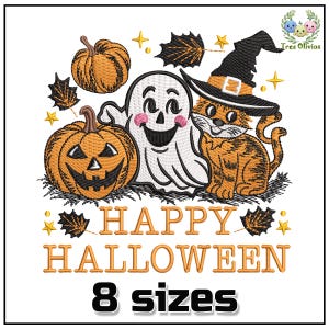 Happy Halloween Friends: Ghost, Cat and Pumpkin Machine Embroidery Design, Funny Fall Holidays embroidery 4x4 pes dst hus jef