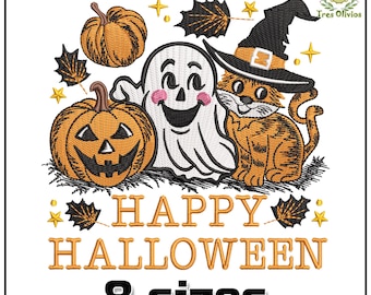 Happy Halloween Friends: Ghost, Cat and Pumpkin Machine Embroidery Design, Funny Fall Holidays embroidery 4x4 pes dst hus jef