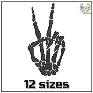 May include: Black skeleton hand making the peace sign. The hand is outlined in black and filled in with a dark gray color. The text "12 sizes" is below the hand.