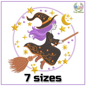 Puede incluir: Diseño bordado de una bruja de pelo morado volando en una escoba con una luna creciente y estrellas en un círculo a su alrededor. El diseño está disponible en 7 tamaños.