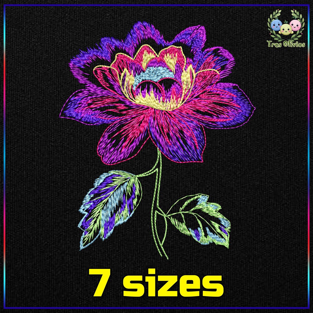 Flower Machine Embroidery Design, Bright Floral Pattern for Dark Fabric ...