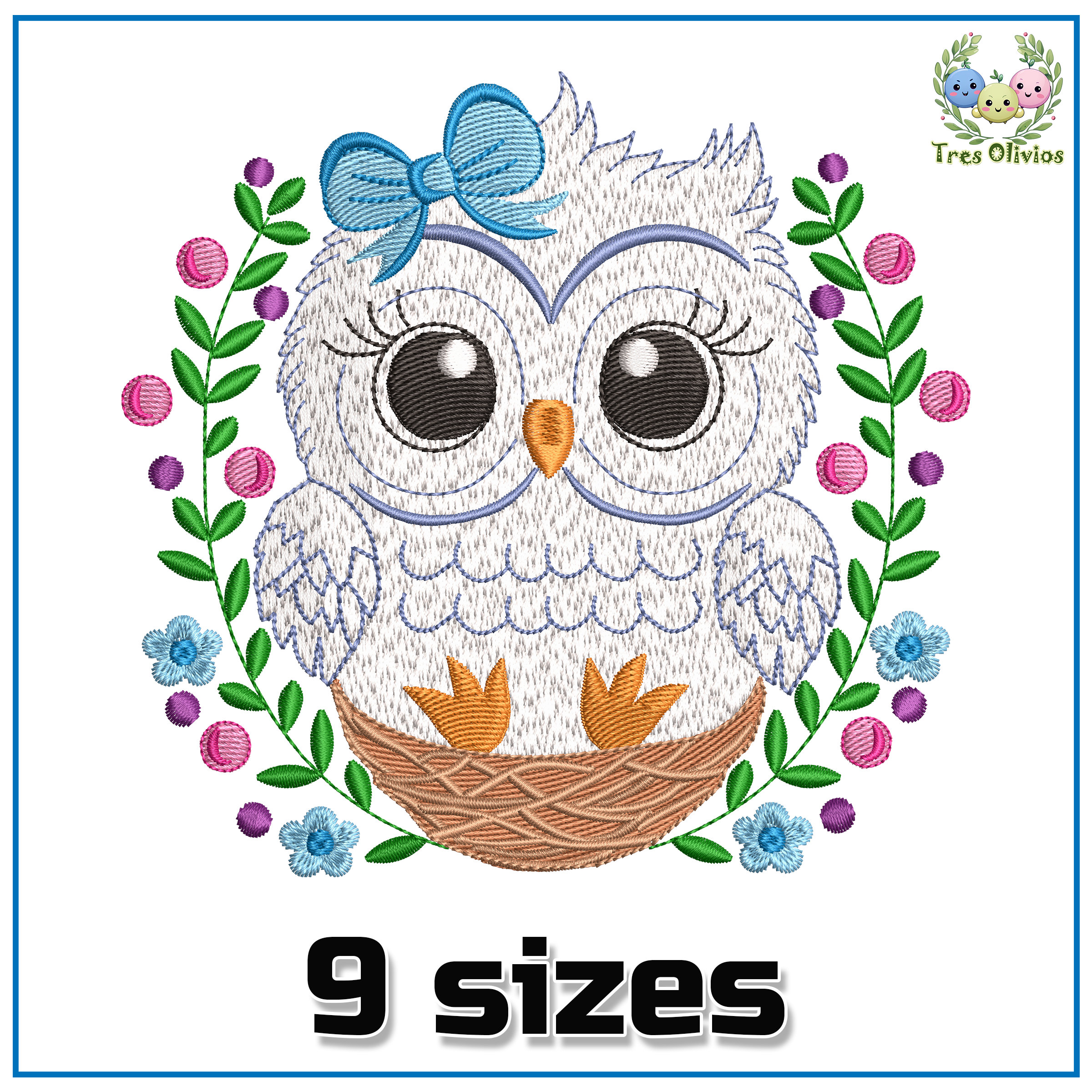 Baby Owl in Floral Nest Machine Embroidery Design, cute baby embroidery 4x4 pes dst hus jef