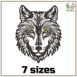 May include: Black and white line art embroidery design of a wolf's head with yellow eyes. The design is available in 7 sizes.
