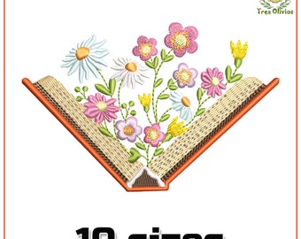 Floral Book Machine Embroidery Design, Spring, Summer Botanical embroidery, Reading, Library, Wild Flowers 4x4 pes dst hus jef