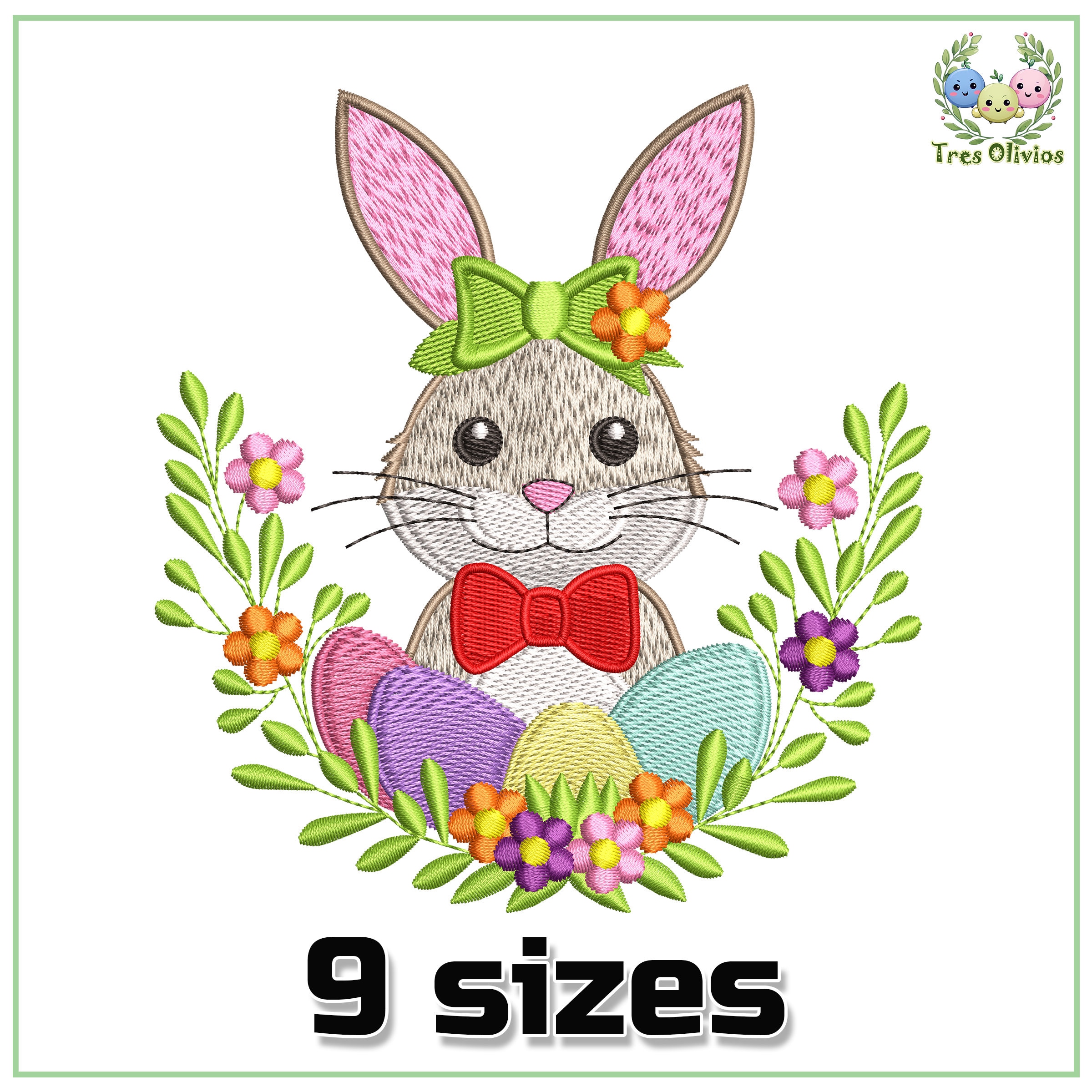 Adorable Easter Bunny With Eggs and Flowers Machine Embroidery Design ...