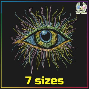May include: Embroidered design of a colorful eye with a yellow, blue, and green iris. The eye is surrounded by a burst of yellow, pink, and blue lines. The design is available in 7 sizes.