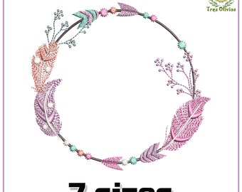 Boho Wreath Monogram Machine Embroidery Design, Baby Boho Pattern, Feathers Frame 4x4 pes dst hus jef