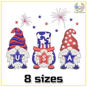 May include: Three gnomes wearing red, white, and blue patriotic clothing, holding stars with the letters U, S, and A. The gnomes are surrounded by red, white, and blue fireworks.