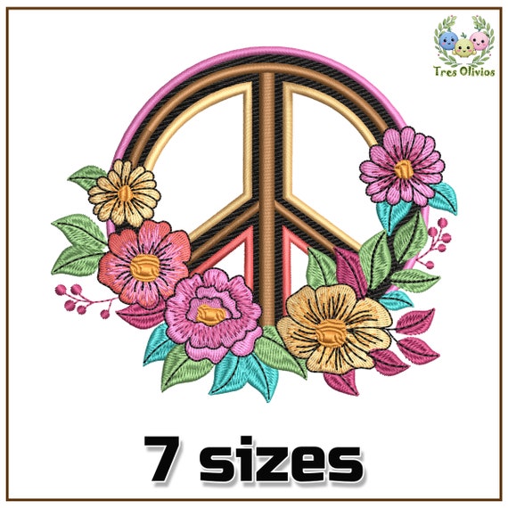 ⭐︎ぽん出品⭐︎Peace Embroidered Floral Peace Sign Machine Embroidery Design, Hippie Vibes, Freedom