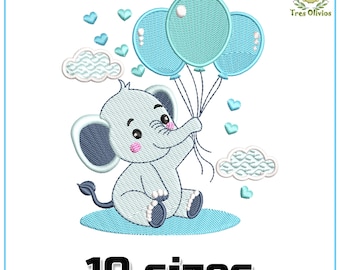 Baby Elephant with Balloons Machine Embroidery Design, It&#39;s a boy design, Baby Shower, Toddler, Cute, Nursery Decor pes dst hus jef