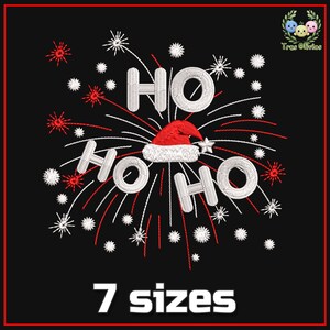 May include: White embroidered "HO HO HO" with a red Santa hat and white snowflakes on a black background. The text "7 sizes" is below the design.