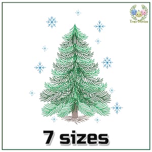 May include: Green embroidered Christmas tree with a brown trunk and blue snowflakes on a white background. The text "7 sizes" is at the bottom of the image.