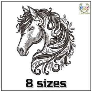 May include: Black and white embroidery design of a horse's head with floral details. The design is available in 8 sizes.
