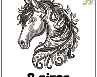 Horse Head Silhouette Machine Embroidery Design 8 sizes, Floral, Wild, Farm Animal, satin stitch pe, dst, hus, art, exp
