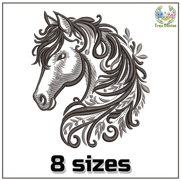 Horse Head Silhouette Machine Embroidery Design 8 sizes, Floral, Wild, Farm Animal, satin stitch pe, dst, hus, art, exp