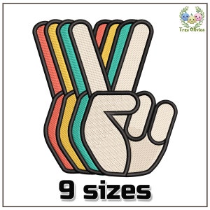 May include: Multicoloured peace sign embroidery design with 9 sizes. The design features a hand making the peace sign with four layers of colour: coral, yellow, teal, and black.