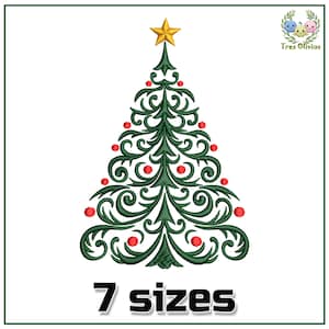 Könnte beinhalten: Ein grüner Weihnachtsbaum mit einem goldenen Stern oben und roten Kugeln. Der Baum ist mit einem geschwungenen, verzierten Design verziert. Der Text "7 Größen" befindet sich unter dem Baum.