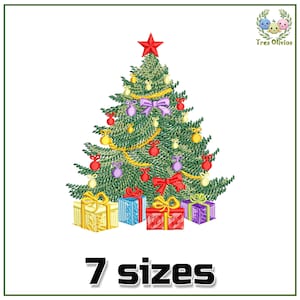 May include: A green Christmas tree with a red star on top, decorated with colorful ornaments, bows, and gold garland. There are wrapped presents at the base of the tree. The text "7 sizes" is below the tree.