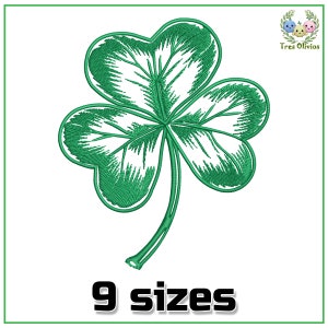 May include: A green shamrock with a stem, outlined in black, with a white background. The text "9 sizes" is below the shamrock.