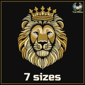 May include: Embroidered design of a lion's head wearing a gold crown. The lion has a detailed mane and a serious expression. The design is available in 7 sizes.