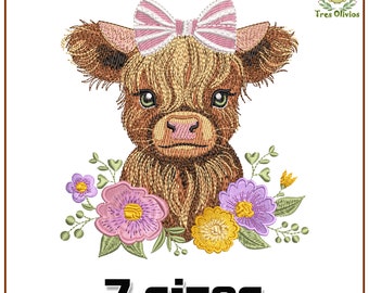 Baby Highland Cow Machine Embroidery Design, Cute animal with a bow and flowers. 4x4 pes dst hus jef