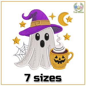 May include: A white ghost wearing a purple witch hat holds a yellow pumpkin-shaped mug with a brown drink and whipped cream. The ghost has black eyes and a black mouth. There are stars and a crescent moon in the background.