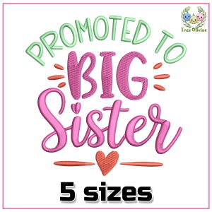 May include: Embroidered design with the text "Promoted to Big Sister" in pink and green lettering with a small heart below. The text is surrounded by decorative lines. The design is available in 5 sizes.
