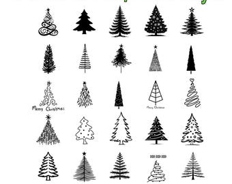 Könnte beinhalten: Ein Set mit 25 Schwarzweiß-Illustrationen von Weihnachtsbäumen in verschiedenen Stilen. Die Bäume sind alle schwarz umrandet und haben eine Vielzahl von Designs, darunter Sterne, Ornamente und Schneeflocken. Der Text "Merry Christmas" erscheint auf einem der Bäume. Der Text "SVG & PNG" erscheint am unteren Rand des Bildes.