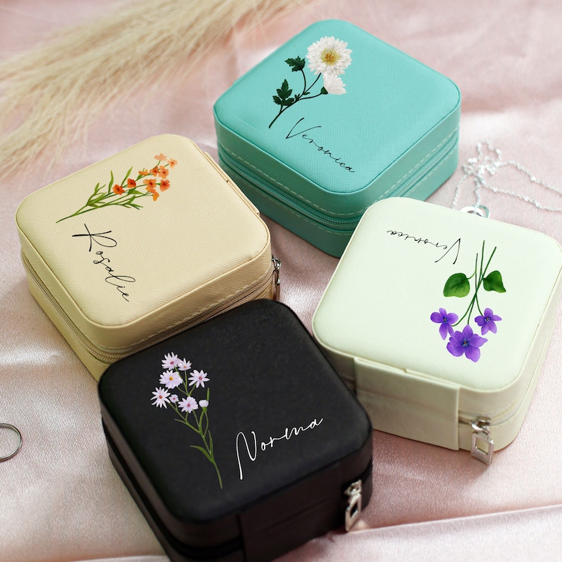 Leather Jewelry Travel Box,custom Birth Flower Jewellery Box,mini
