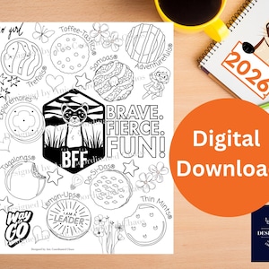 May include: Black and white digital download featuring a ferret illustration, surrounded by cookie designs and text. The words "BRAVE. FIERCE. FUN!" are prominently displayed. An orange circle reads "Digital Download".