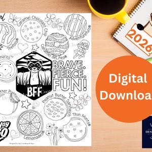 Peut inclure: Page de coloriage en noir et blanc avec divers motifs de biscuits, une illustration de furet et les mots "BRAVE. FIERCE. FUN!". Comprend le texte "Digital Download" dans un cercle orange et un carnet avec "2026".