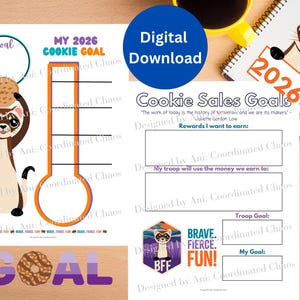 May include: Digital download of cookie sales goal sheets. The sheets feature a cartoon ferret holding a cookie, a thermometer-style goal tracker, and the text "My 2026 Cookie Goal." Additional sheets include space for rewards and troop goals.
