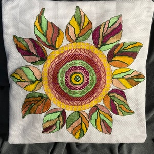 Mandala Leaf earth colors vibrant cozy soft pillow cover Handcrafted Cross Stitch 12"x12"