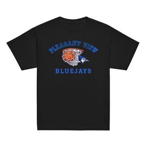 May include: A black short-sleeve t-shirt featuring a graphic of a basketball going through a net with a blue jay bird head. The text "PLEASANT VIEW" is arched above the graphic in blue, and the word "BLUEJAYS" is printed in blue below the graphic.