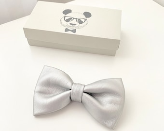 Silver faux suede lether bow tie, grey pre tied adjustable neck tie groomsmen, unique gift for Men/Husband/Son/Boyfriend, bow tie for kids