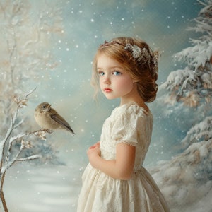 Könnte beinhalten: Ein junges Mädchen mit langen blonden Haaren, das ein weißes Kleid und eine Blumenkrone trägt, steht in einem verschneiten Wald. Ein kleiner brauner Vogel sitzt auf einem Ast eines schneebedeckten Baumes.