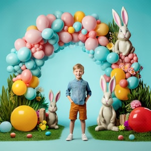 May include: A young person wearing a blue denim shirt and khaki shorts stands in front of a balloon archway decorated with pastel-coloured balloons and two white bunny rabbits. The archway is decorated with flowers and greenery.