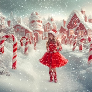 Puede incluir: Una niña pequeña con un vestido rojo y un gorro de Papá Noel se encuentra en un país de las maravillas invernal nevado. Las decoraciones de bastón de caramelo bordean el camino, y la nieve cae suavemente a su alrededor.