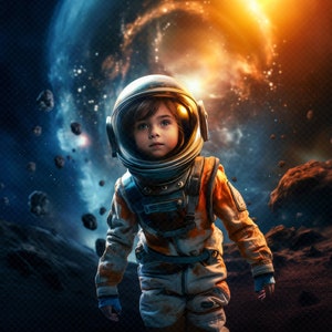 Puede incluir: Una persona joven con un traje de astronauta blanco y naranja con casco, de pie frente a un fondo espacial azul oscuro y naranja con estrellas y planetas.