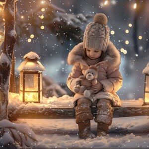 Puede incluir: Una niña pequeña con un gorro de punto blanco y un abrigo de invierno rosa se sienta en un banco de madera en un bosque nevado. Lleva un oso de peluche y hay dos linternas encendidas en el banco a su lado. La escena está iluminada por luces parpadeantes y nieve que cae.