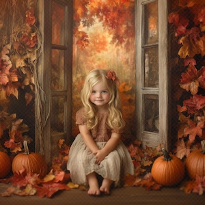 May include: A young girl with long blonde hair sits in front of a window with autumn leaves. She is wearing a brown and white dress and has a flower in her hair. There are pumpkins on the ground around her.