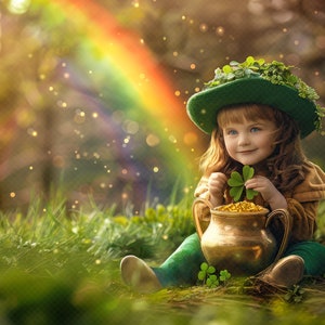 Könnte beinhalten: Ein junges Mädchen in grüner Kleidung und einem Koboldhut hält einen Topf mit Gold und ein vierblättriges Kleeblatt in einer magischen Waldkulisse mit einem Regenbogen im Hintergrund.