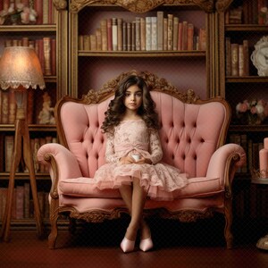 May include: A young girl in a pink dress sits on a pink velvet sofa in a room with bookshelves filled with books. The sofa has ornate carvings and a tufted back. The girl is holding a white cup.