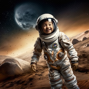 Puede incluir: Un joven astronauta con un traje espacial blanco con un cinturón amarillo y un parche azul en el pecho se encuentra de pie sobre una superficie roja y rocosa. El astronauta mira a la cámara y sonríe. Se puede ver una gran luna gris en el fondo.
