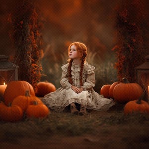 May include: A young person with red braids sits among pumpkins and lit lanterns in a fall scene. The person wears a vintage-style dress. The pumpkins are various sizes and shapes, with a warm orange hue. The lanterns have lit candles.