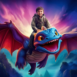 May include: A young person riding a blue and purple dragon with red wings against a purple and pink cloudy sky.
